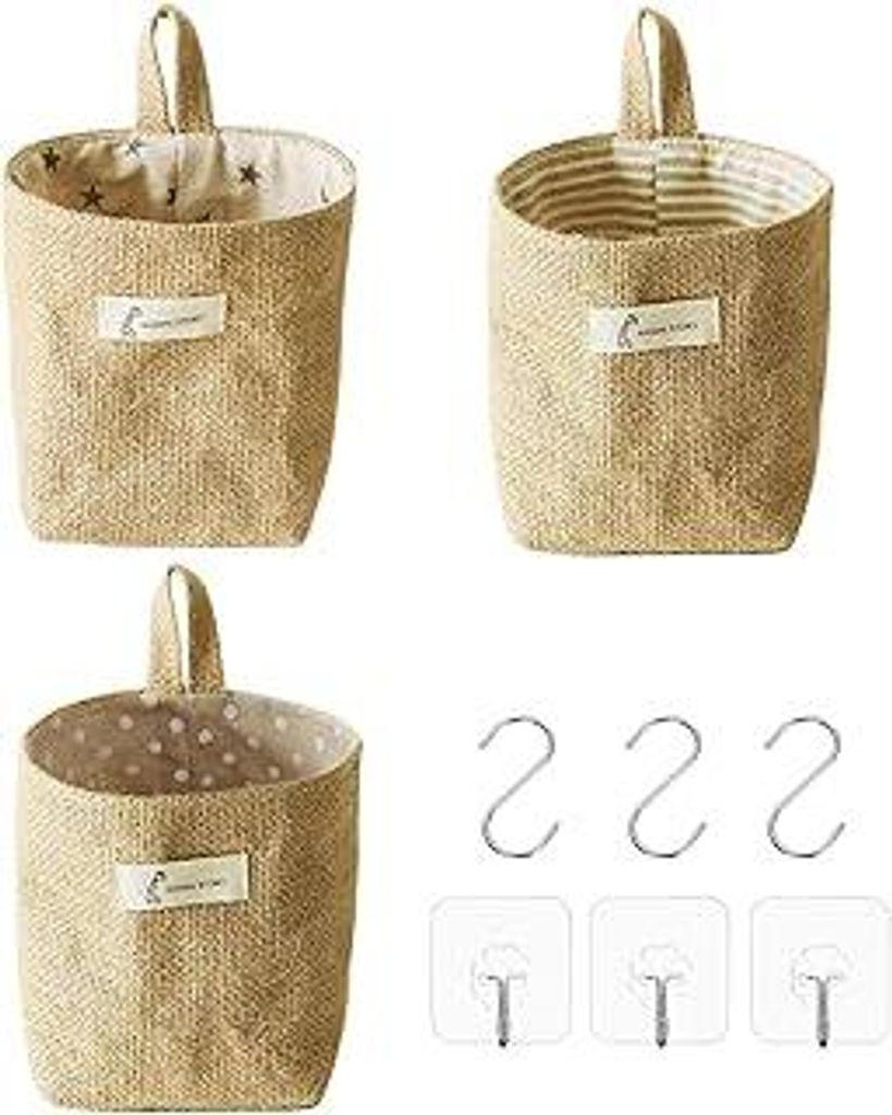 Hängekorb Baumwolle Leinen, 3 Stück Korb zum Aufhängen mit S Griff und J Haken,Abnehmbar Hängeorganizer, Hängekörbe Bad, Hänge Organizer, Wa...