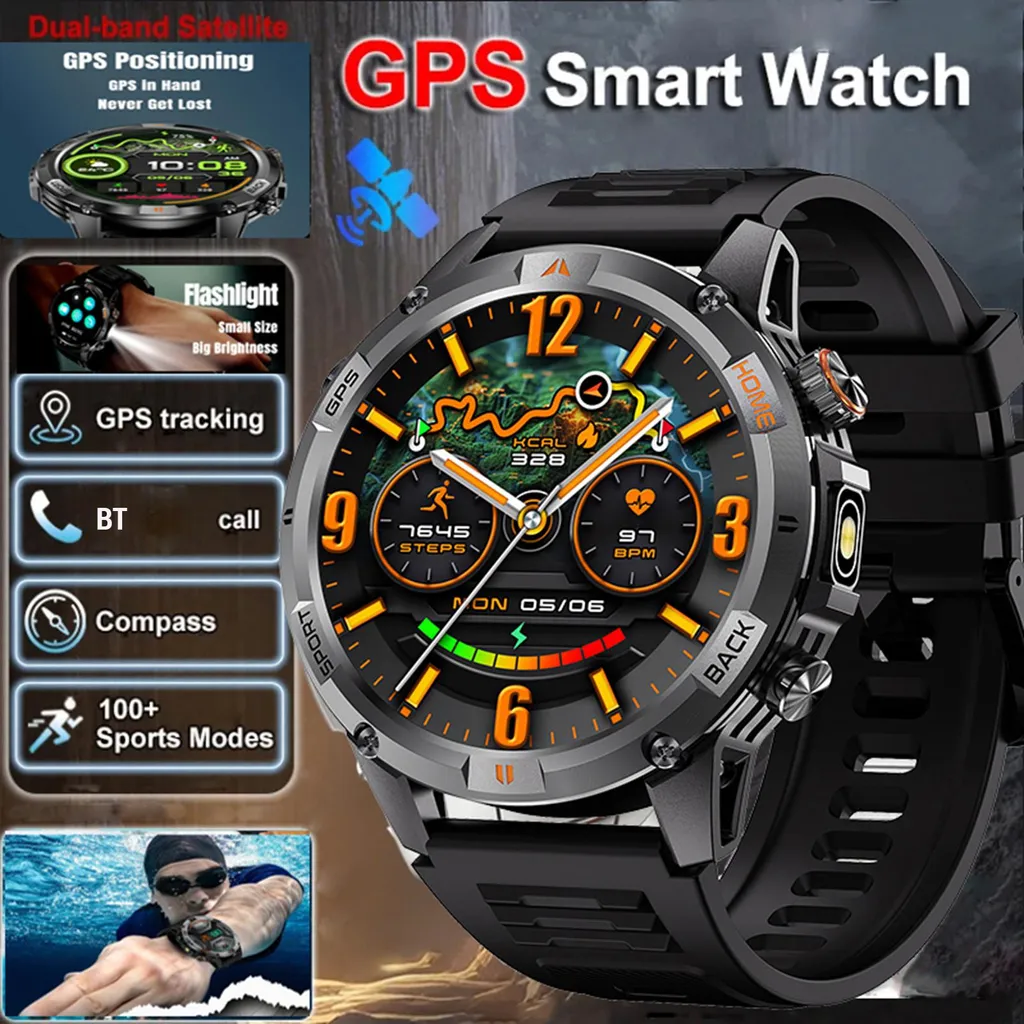 Montre GPS Extérieur pour Randonnée et Course avec Écran HD en Acier Noir