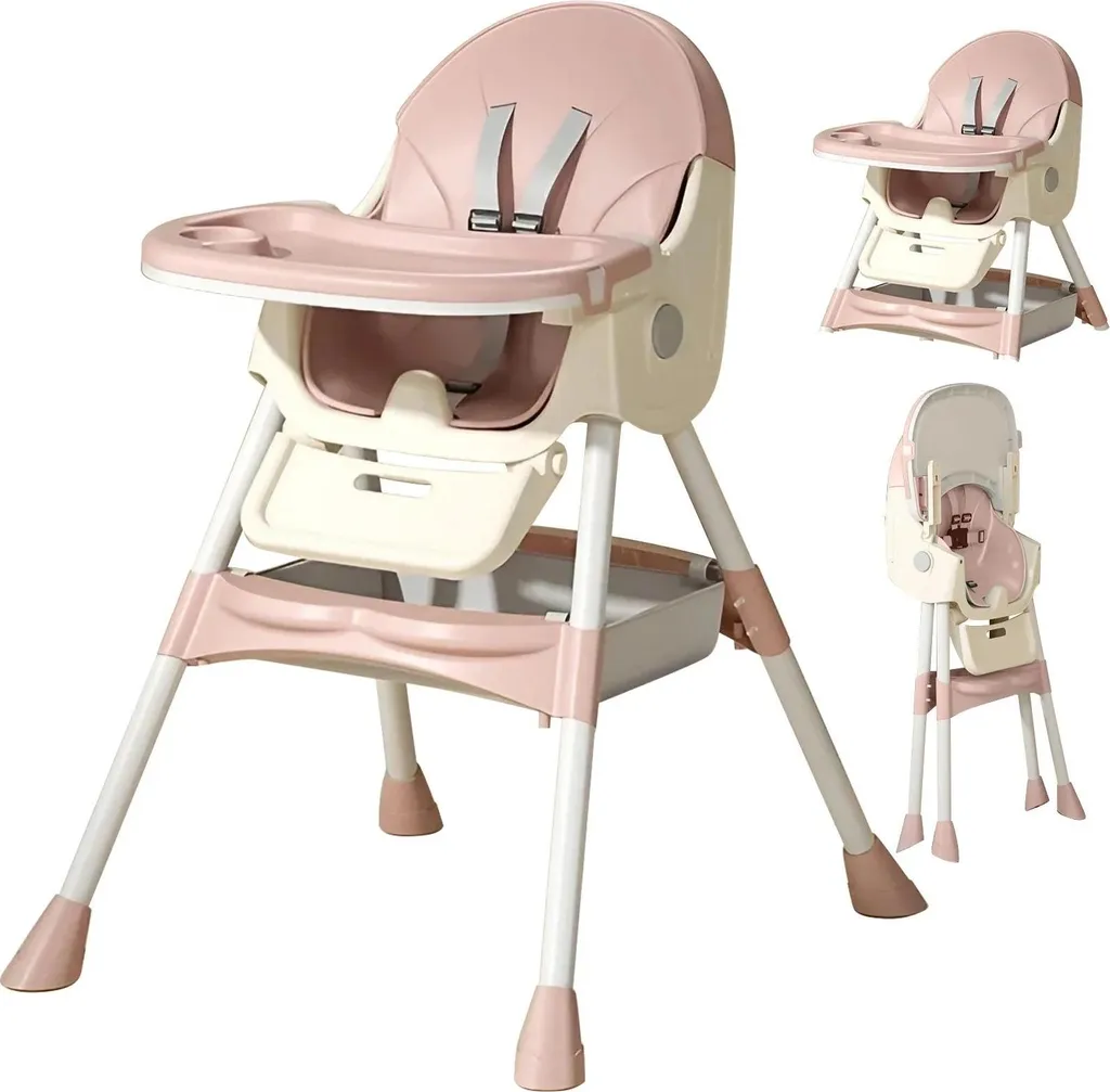 Chaise haute bébé pliable rose gain de place avec plateau lavable