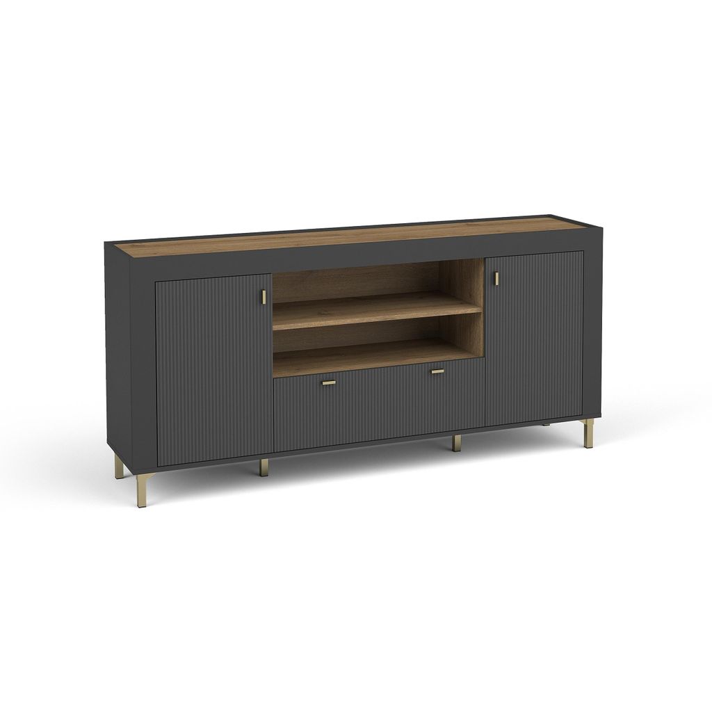 Kommode MONTA Sideboard mit 2 Türen und Schublade und 2 offenen Einlegeböden, Schwarz