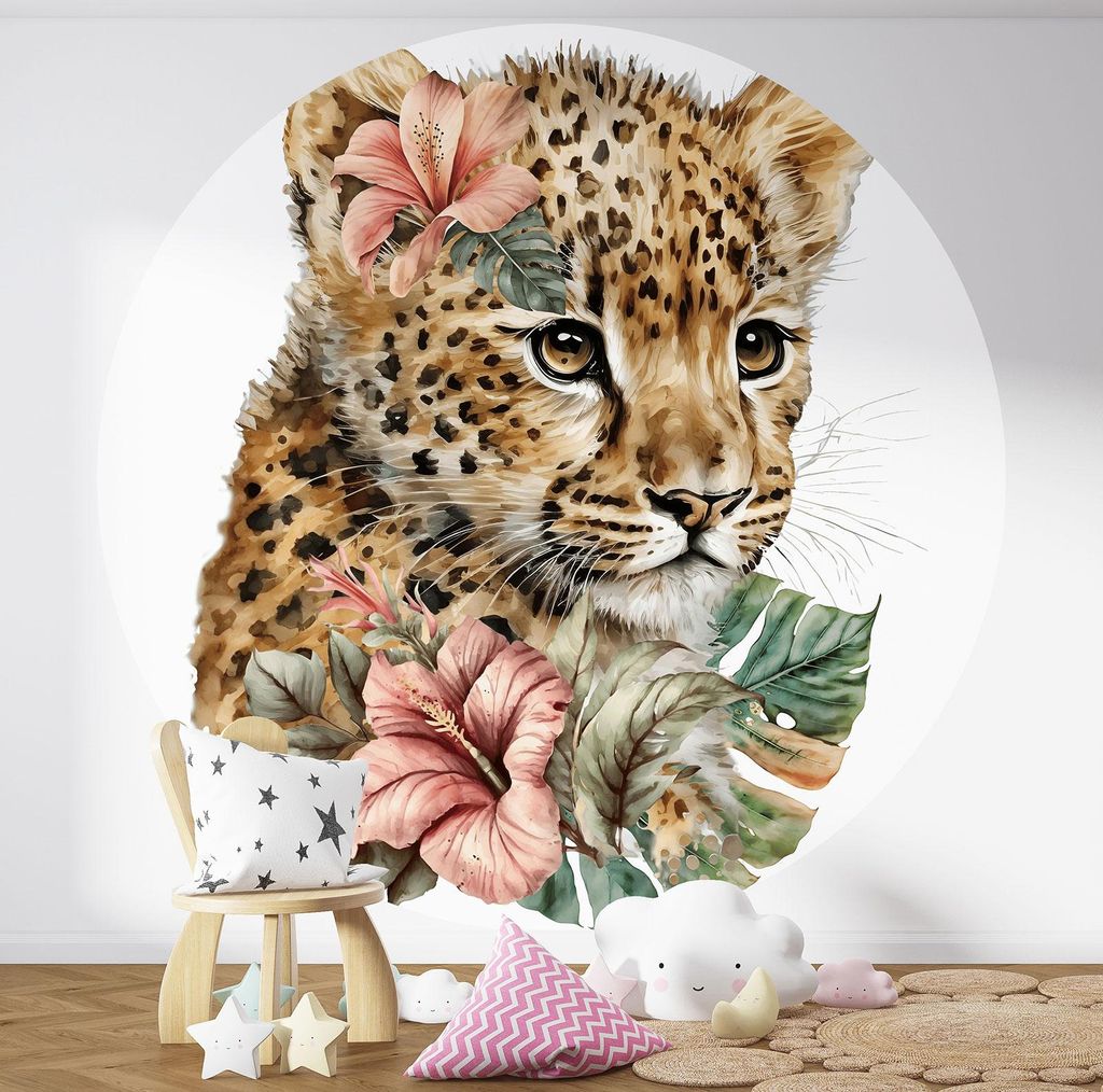 Runde Tapete / Kreis Kinder - Lumaléa - Baby-Leopard - Premium-Papier 185 g, abwaschbar - Durchmesser 130 cm