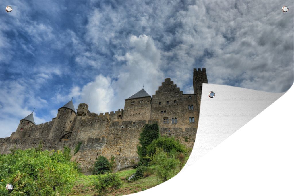 MuchoWow 90x60 cm Outdoor-Poster Gartendeko Sichtschutz Garten Poster für den Garten Carcassonne - Wolken - Schloss