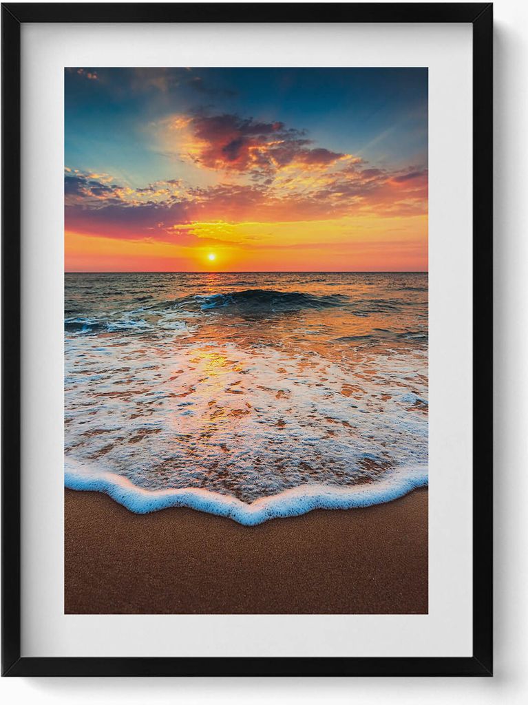 Sonnenuntergangslandschaft über dem Meer– Wandbild mit Rahmen – Gerahmtes Bild – Wanddekoration – 50x70 cm – Schwarz Rahmen