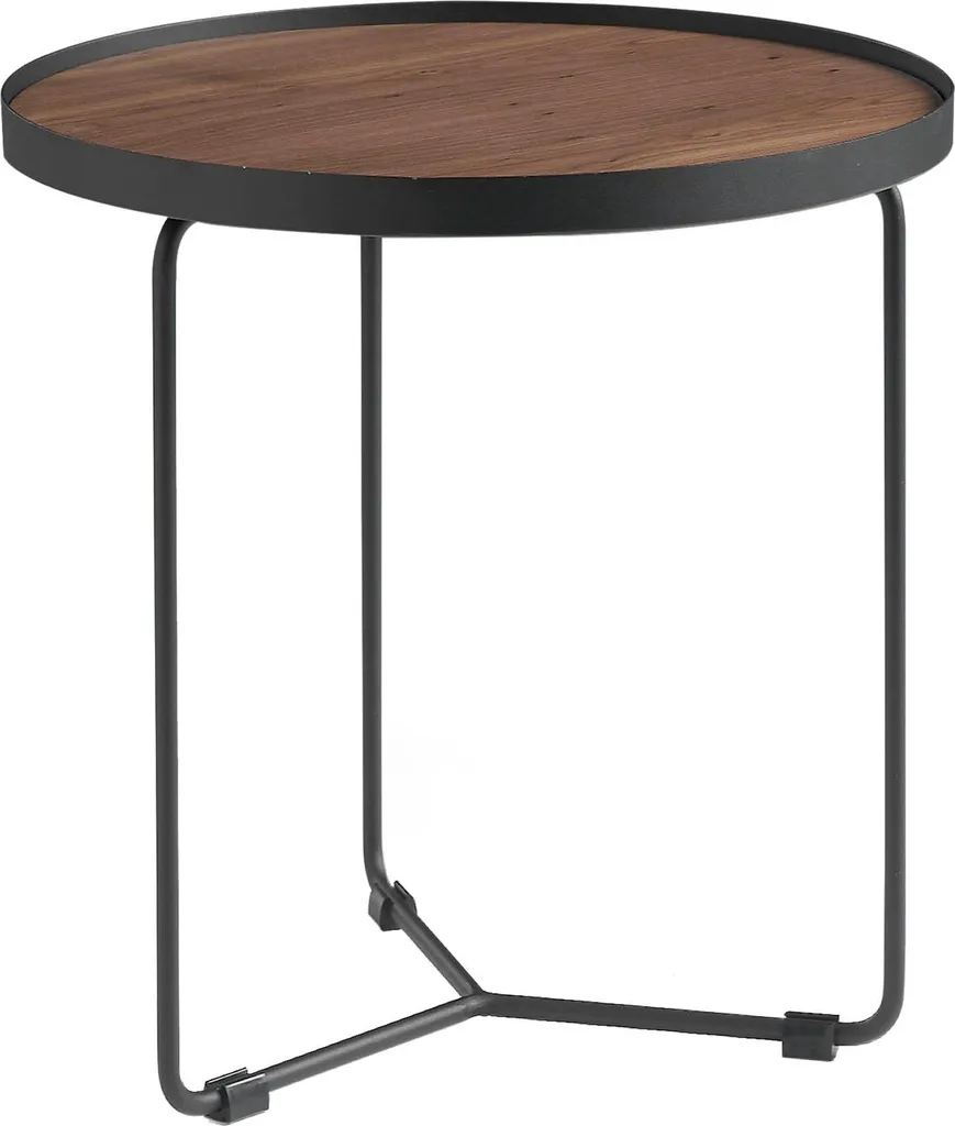 Table de bout de canapé ronde en noyer et acier noir pour salon