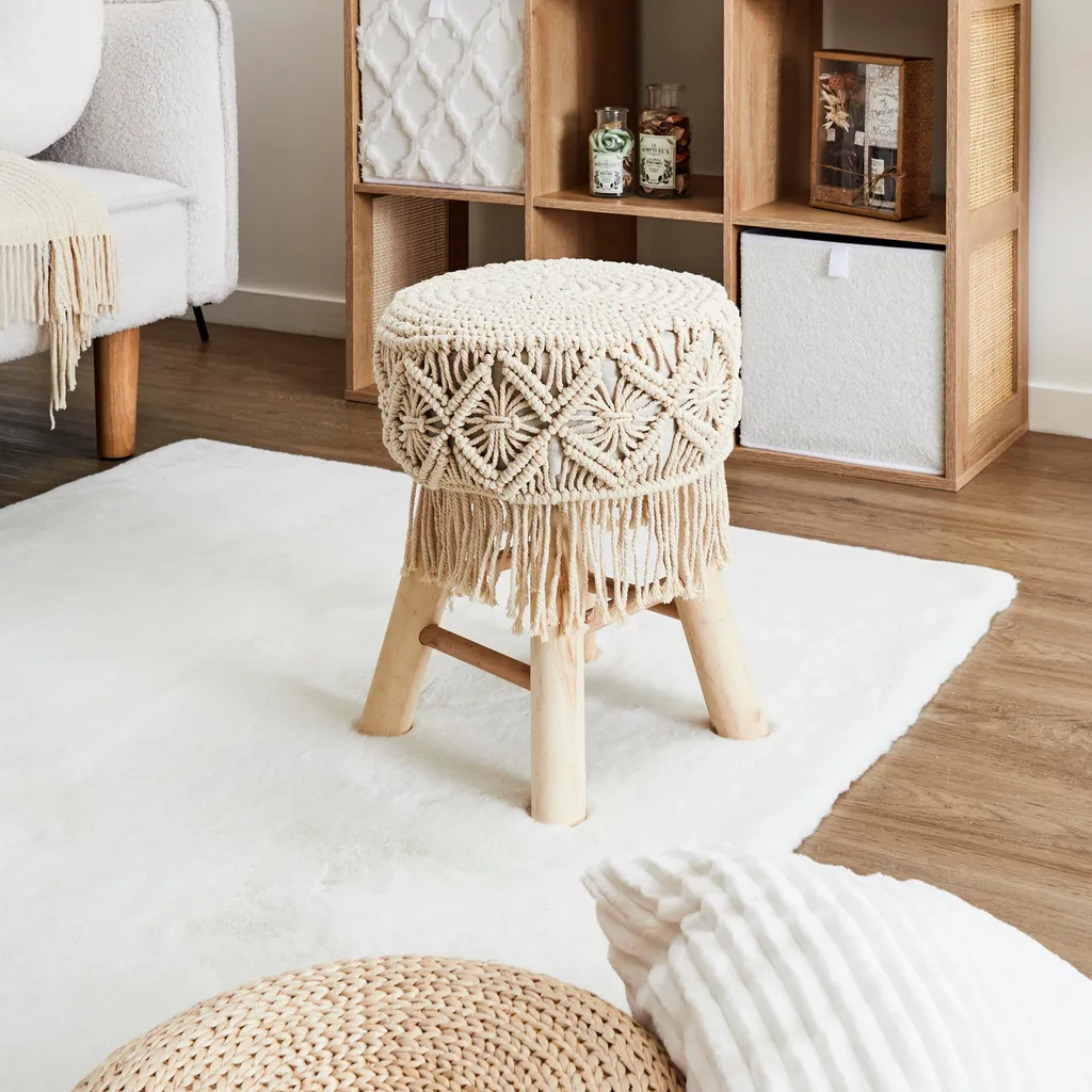 Tabouret Boho Robuste 4 Pieds Stables - Assise Artisanale Tressée