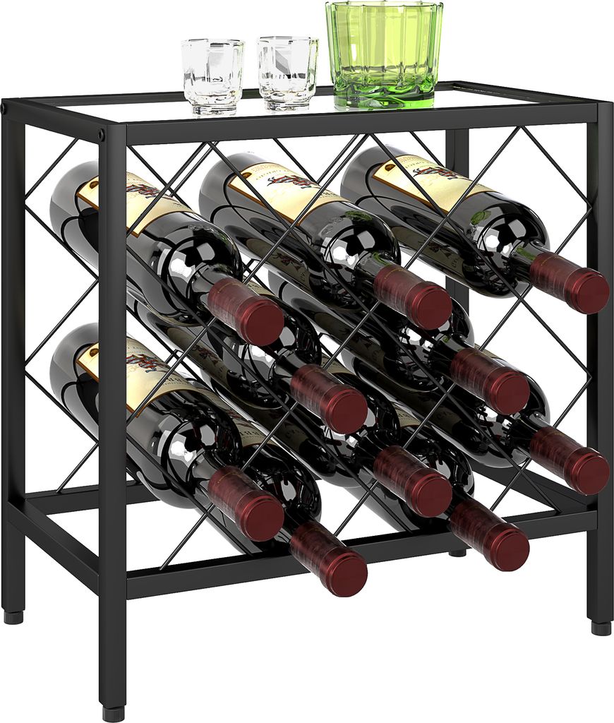HOMCOM Weinflaschenhalter für insgesamt 10 Flaschen mit Platte aus gehärtetem Glas, Weinregal aus Stahl, für Küche, Speisekammer, Keller und Ba...