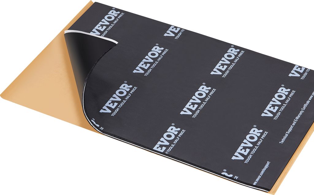 A sheet of sound dampening material with a peel-away backing.