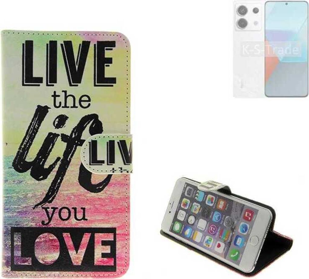 K-S-Trade Schutzhülle Handyhülle kompatibel mit Xiaomi Redmi Note 13 Pro 360° Wallet Case “live life love“ Klapphülle Tasche Etui Smartphone