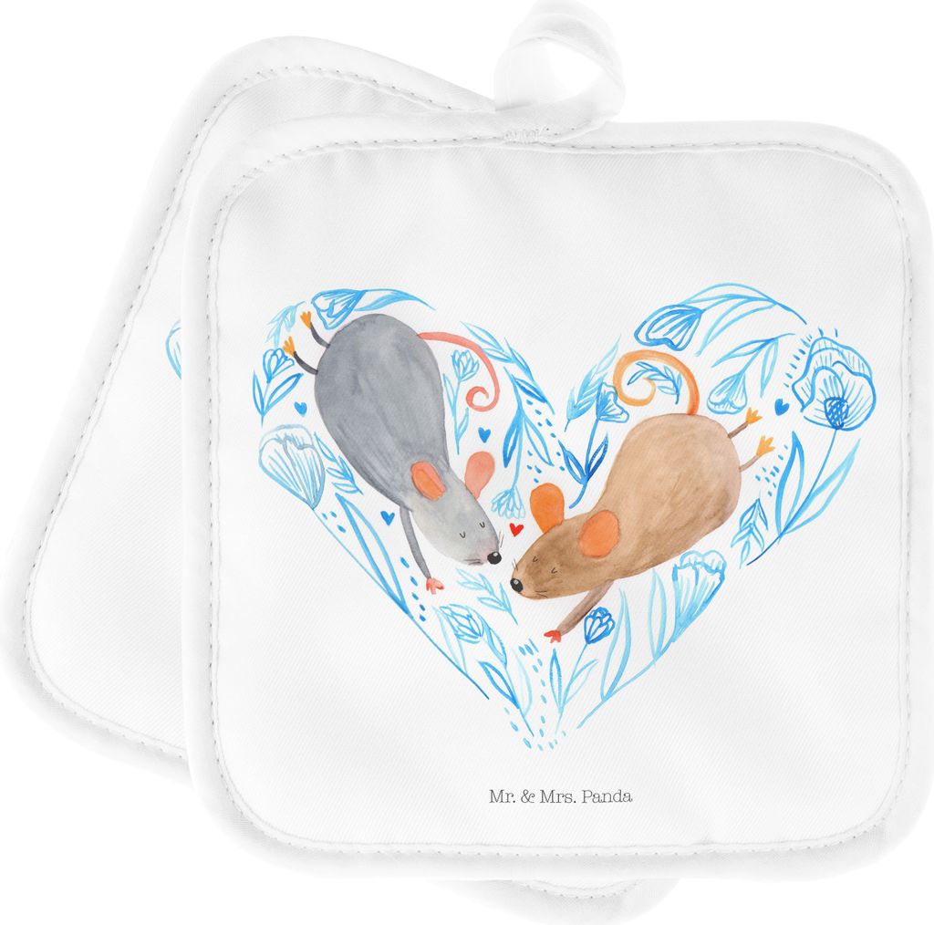 Mr. & Mrs. Panda Topfuntersetzer Mäuse Herz - Weiß - Geschenk, 2er Set Topflappen, Maus, Verheiratet, Verlobung, Kochlappen, Liebe, topfhalter, F...