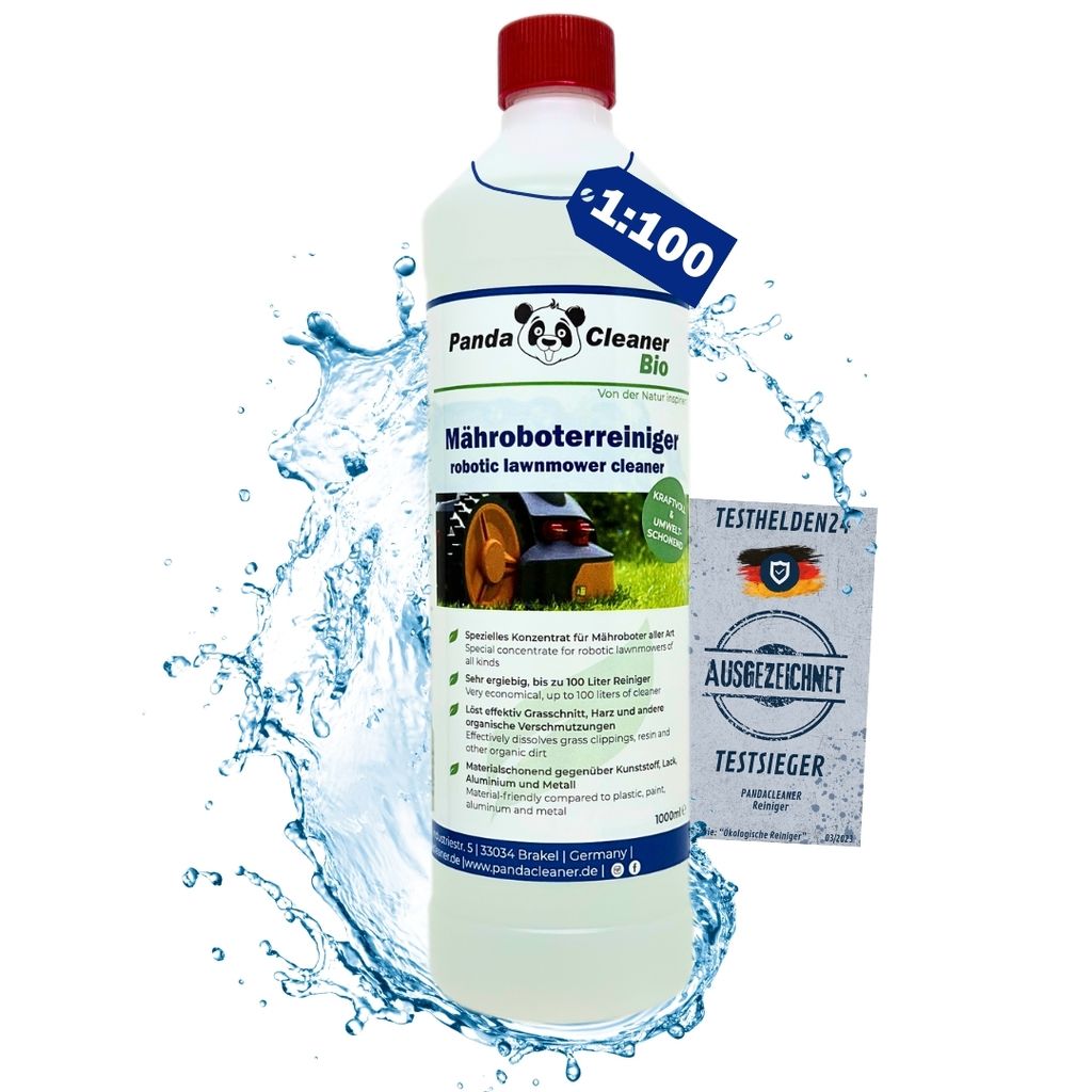 PandaCleanerRasenmäher Roboter Reinigungsmittel - 1L Hochkonzentrat - Rasenmäher Roboter Zubehör für Bosch, Einhell, Gardena, Husqvarna etc.