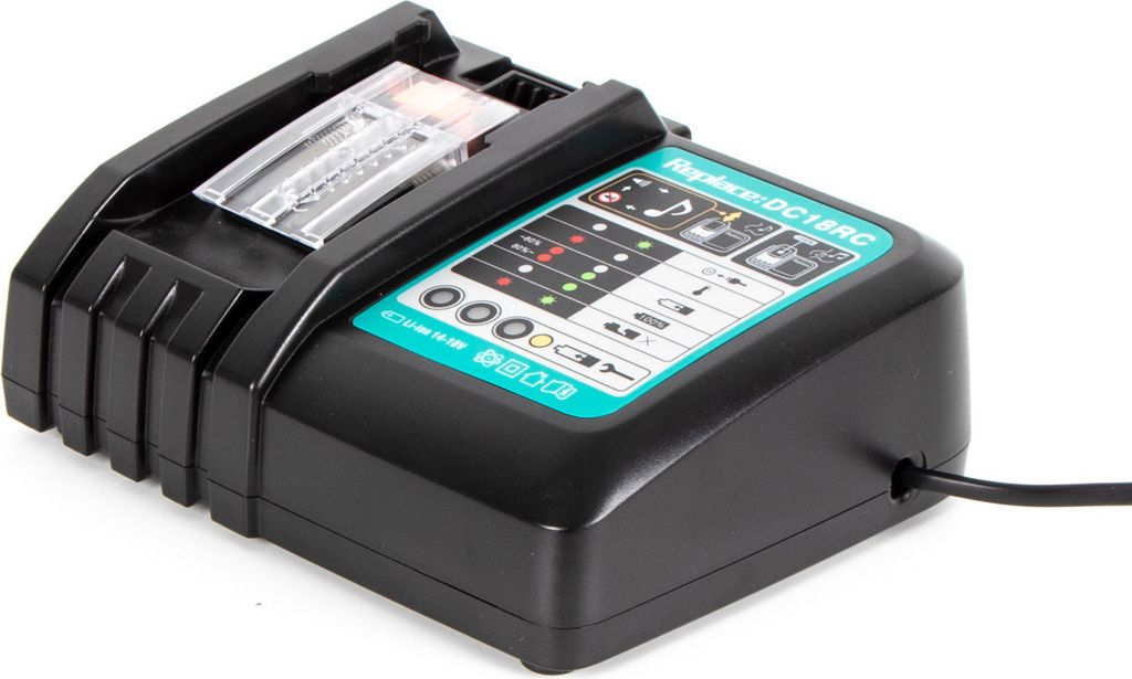 A black and green battery charger with a transparent cover for the battery compartment, set against a white background.