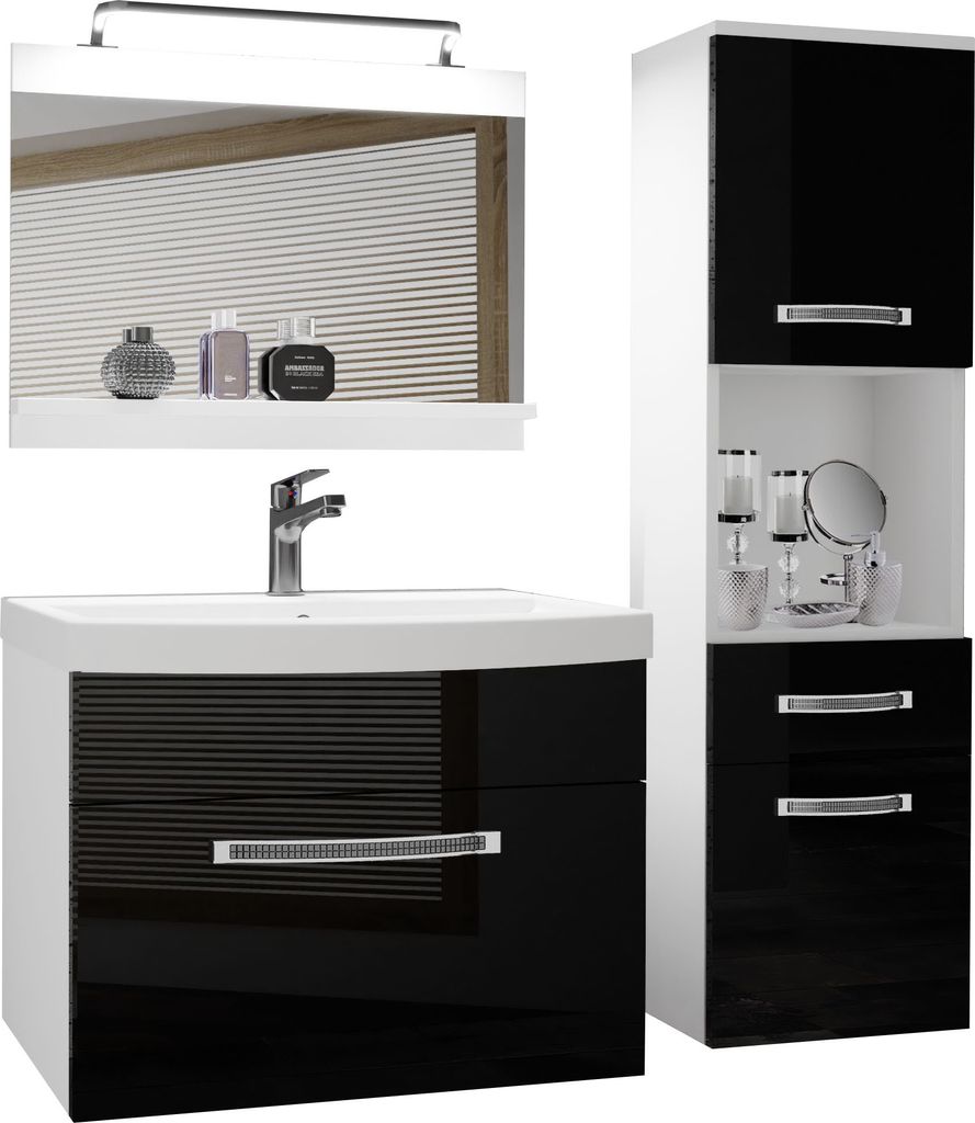 BELINI Badmöbel Vollausstattung Set Waschbeckenschrank, Hochschrank, Waschbecken, Spiegel, Lampe (Schwarz, Glänzend)
