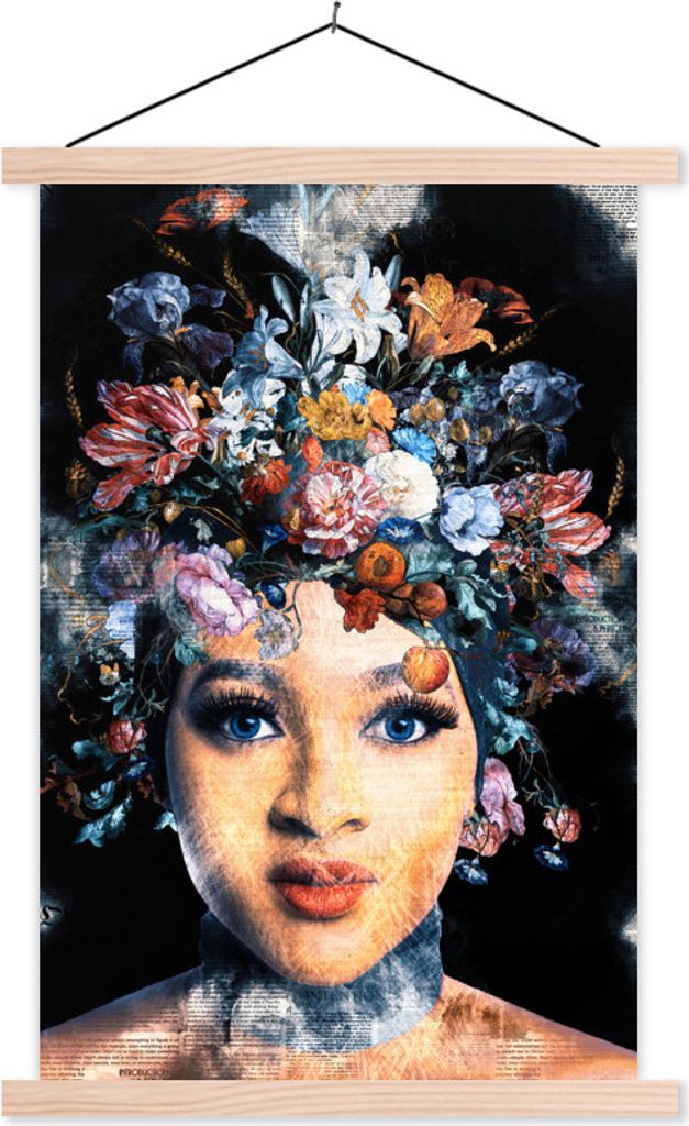 MuchoWow Textilposter Frau - Blumen - Farbe 120x180 cm mit holzfarbenen Rahmen - Textil-Plakat