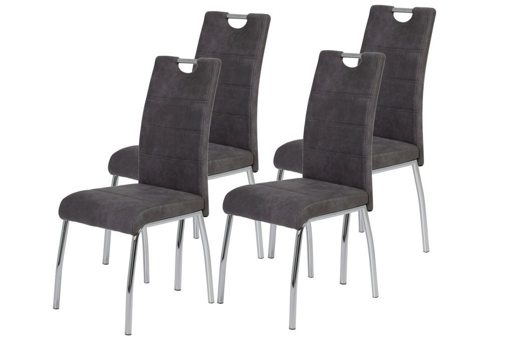 Hela Tische, 4er Set Esszimmerstuhl, Vierfuß-Stuhl Susi - Bezug Vintage Anthrazit -Lehne mit Griff -Rundrohr Metallgestell verchromt -120kg belastbar