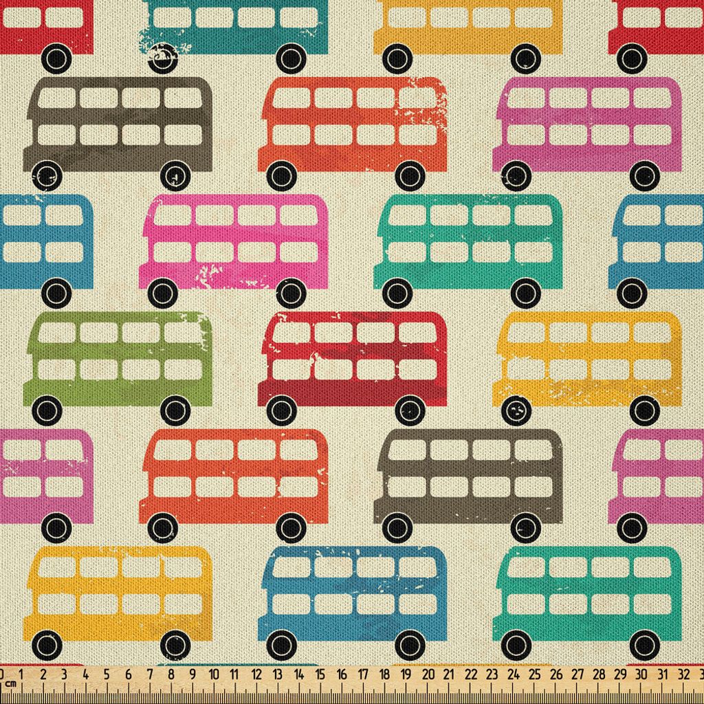 ABAKUHAUS Bunt Microfaser Stoff als Meterware , "Londons berühmte Double Decker Bus Silhouetten Muster mit abgenutzten Hintergrund", 3 M (230 x 30...