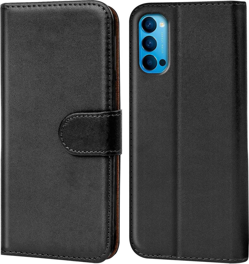 Conie Klapp Tasche für OPPO Reno 4 Kartenfach Rundumschutz Hülle in Schwarz