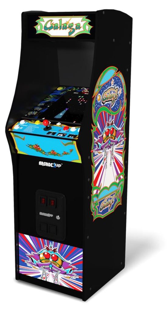 A black arcade cabinet with colorful graphics and a screen displaying a video game.