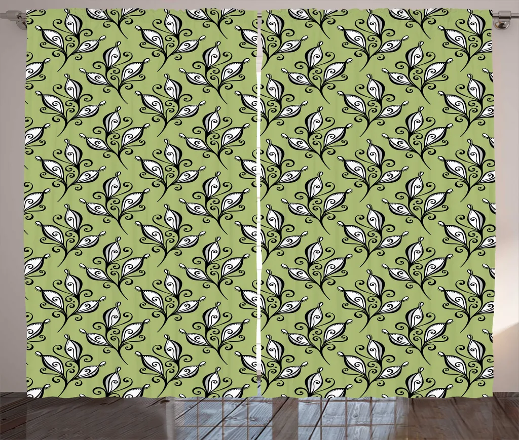 Rideau rustique vert persistant 280x225 cm à motifs arabesques