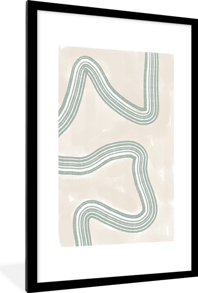 MuchoWow Gerahmtes Poster Linien - Grün - Weiß - Abstrakt - Design 60x90 cm - Poster mit Schwarzem Bilderrahmen Wandposter Rahmen Foto Bilder -...