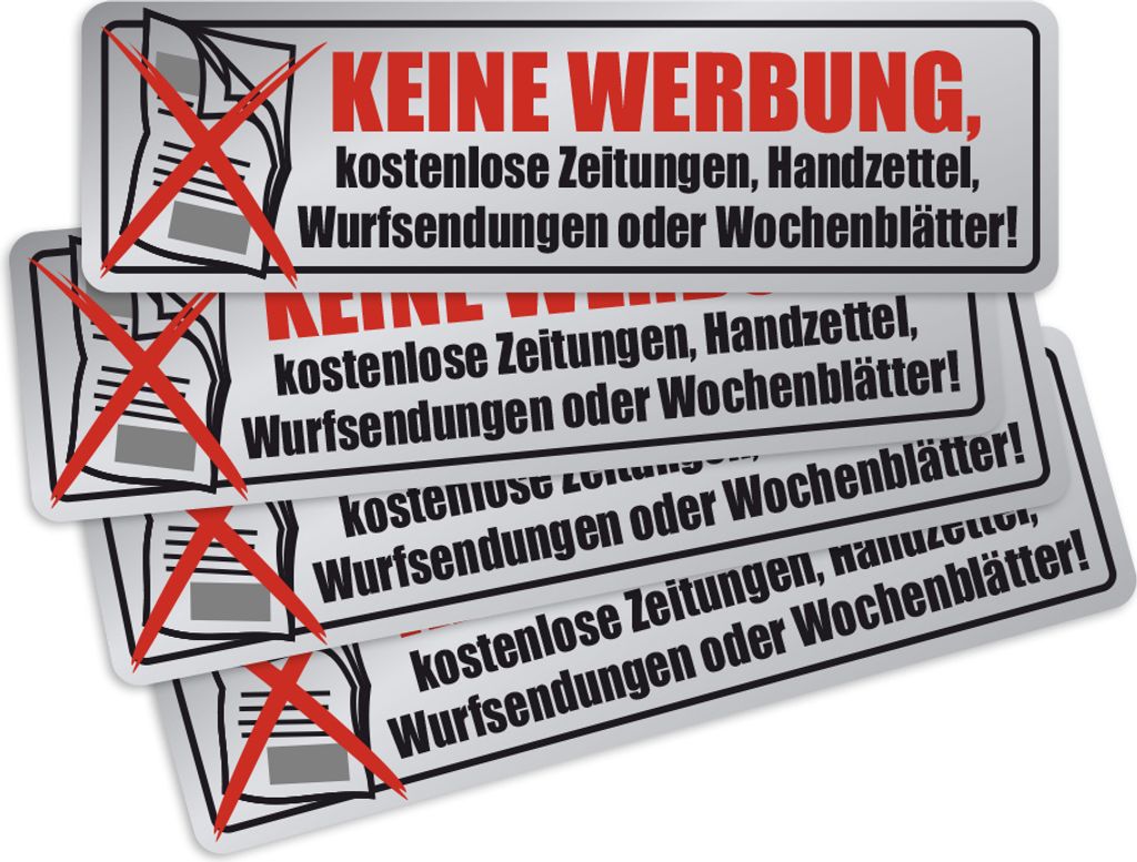 Keine Werbung - Aufkleber - e Zeitungen Handzettel 4X Chrome-Optik - für Briefkasten - Zeitungsrolle - Letterbox 68x22 mm