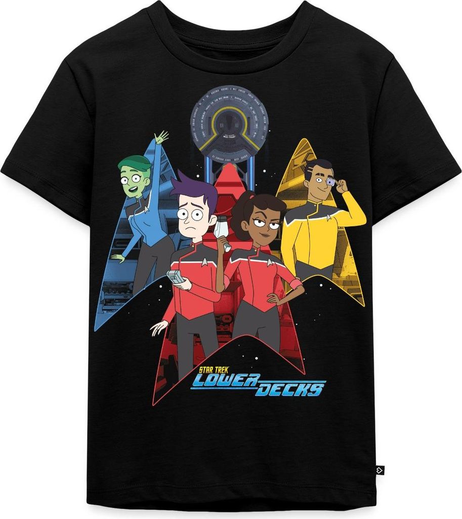 Spreadshirt Star Trek Lower Decks Crew Gruppenbild Kinder Premium T-Shirt, 110/116 (4 Jahre), Schwarz