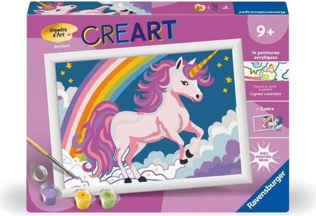 Malen nach Zahlen Set, CreArt Kids Einhorn Neon, 18x24cm, Ab 7 Jahren, Ravensburger 25904