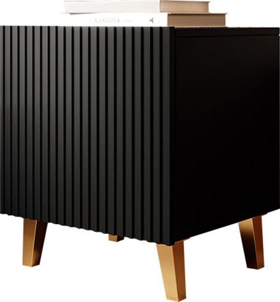MIRJAN24 2x Stück Nachtschrank Pafos, Stilvoll Schlafzimmer Kollektion, Nachttisch, Modern Schrank (Farbe: Schwarz / Gold Füße)