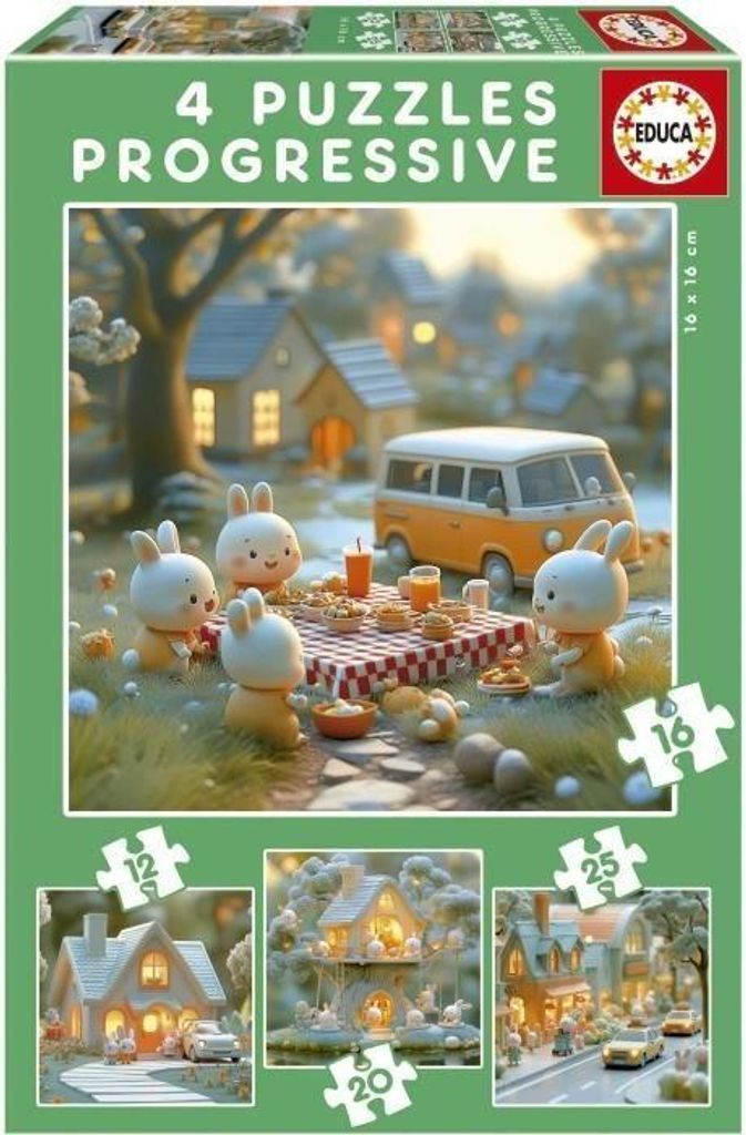 Progressive Puzzles - EDUCA - La Ville des Lapins - 4 Puzzles - 12 bis zu 25 Teile - Für Kinder