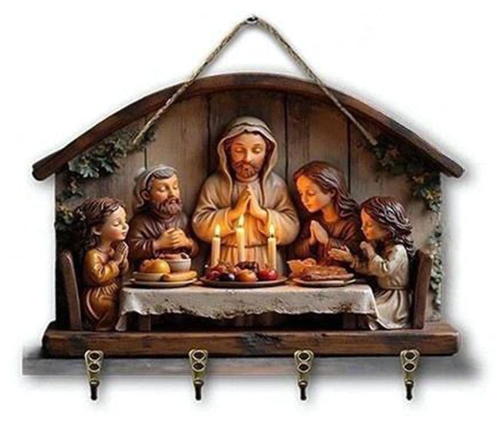 Christlicher Schlüsselhalter aus Holz, 2D-Motiv mit Jesus- und Kommunionsmotiv, Schlüsselanhänger mit 4 Haken, religiöser Wandschlüsselhalter ...