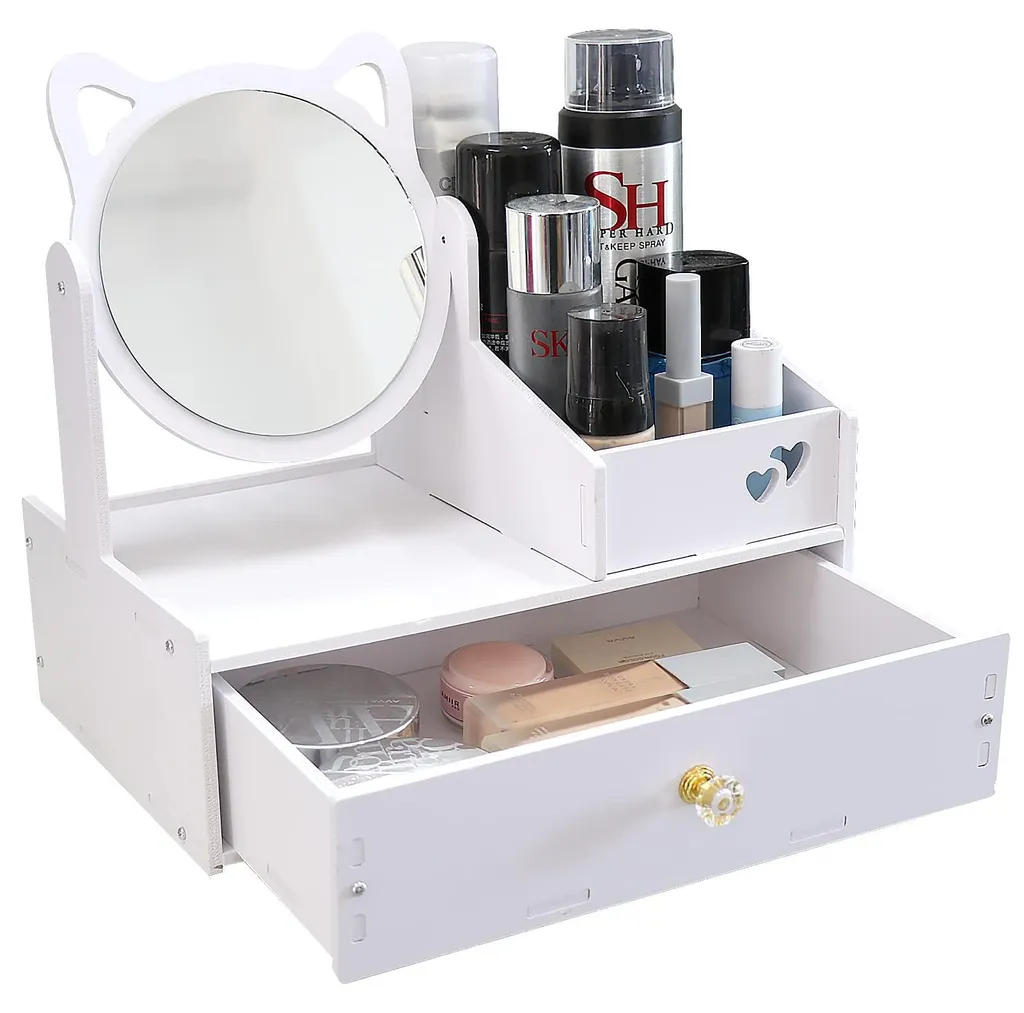 Fini le désordre avec ce rangement maquillage blanc à miroir et tiroir