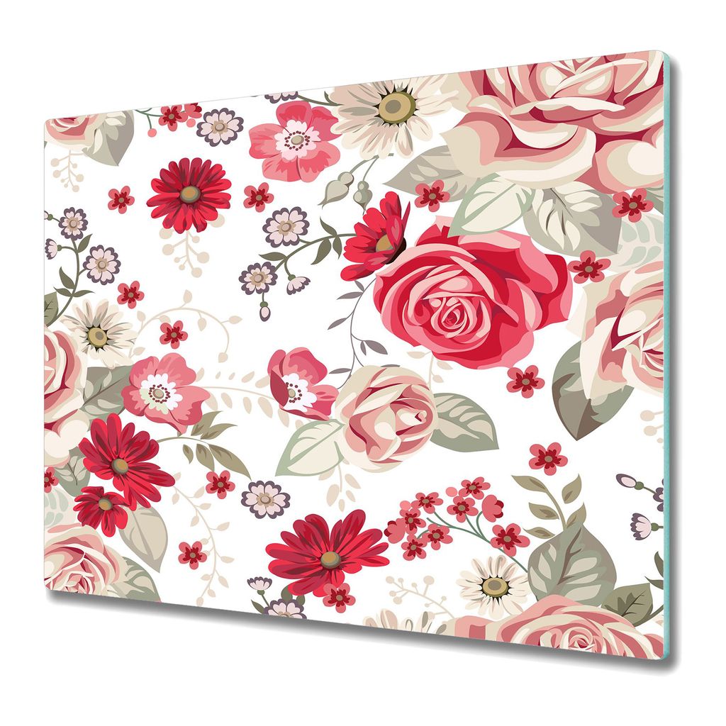 Küchenteller - Schneidebrett Glas - Herdabdeckung - Rote Blumen gefärbt