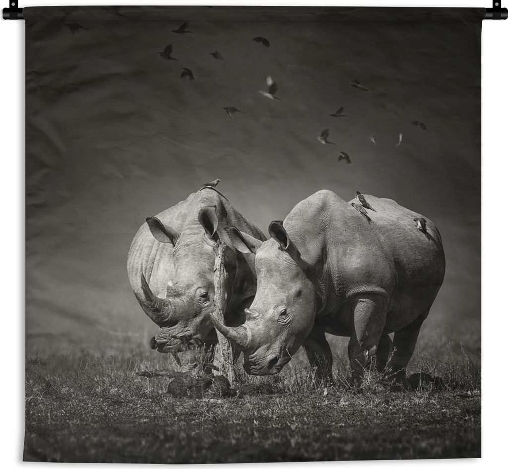 MuchoWow Wandteppich Wandbehang Nashorn - Vogel - Tiere - Landschaft - Schwarz-Weiß 150x150 cm Tapisserie Dekoration Wandtuch - Wohnaccessoires ...