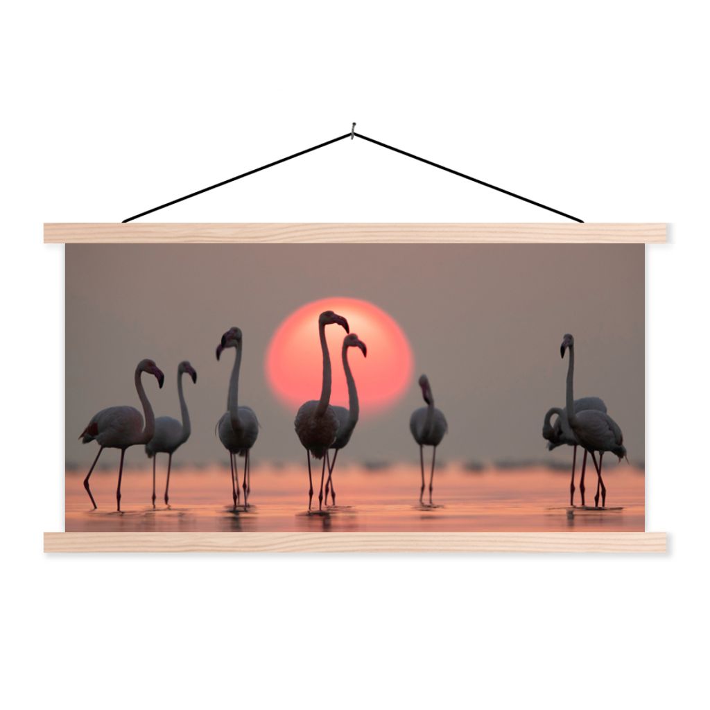 MuchoWow Textilposter Vogel - Flamingo - Sonnenuntergang - Rosa 60x30 cm mit holzfarbenen Rahmen - Dekoration