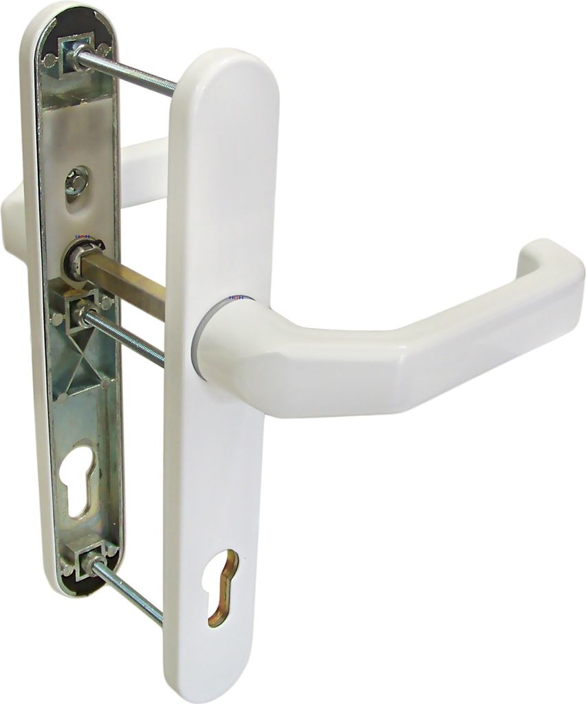A white door handle set with visible mounting hardware, shown against a white background.
