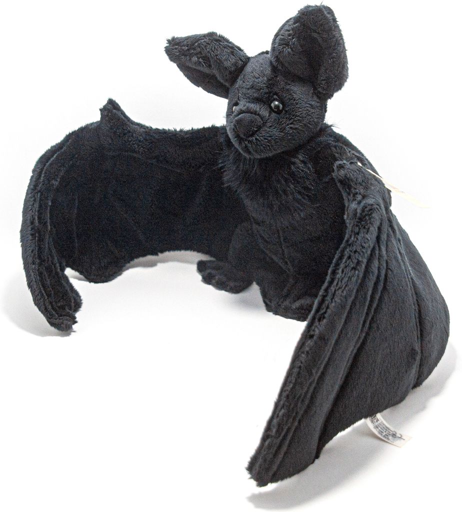 A black plush bat toy is displayed against a white background.