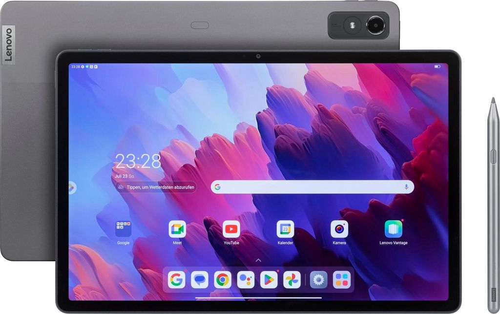 A gray Lenovo tablet and stylus are shown against a light gray background. The tablet screen displays a colorful wallpaper and app icons.