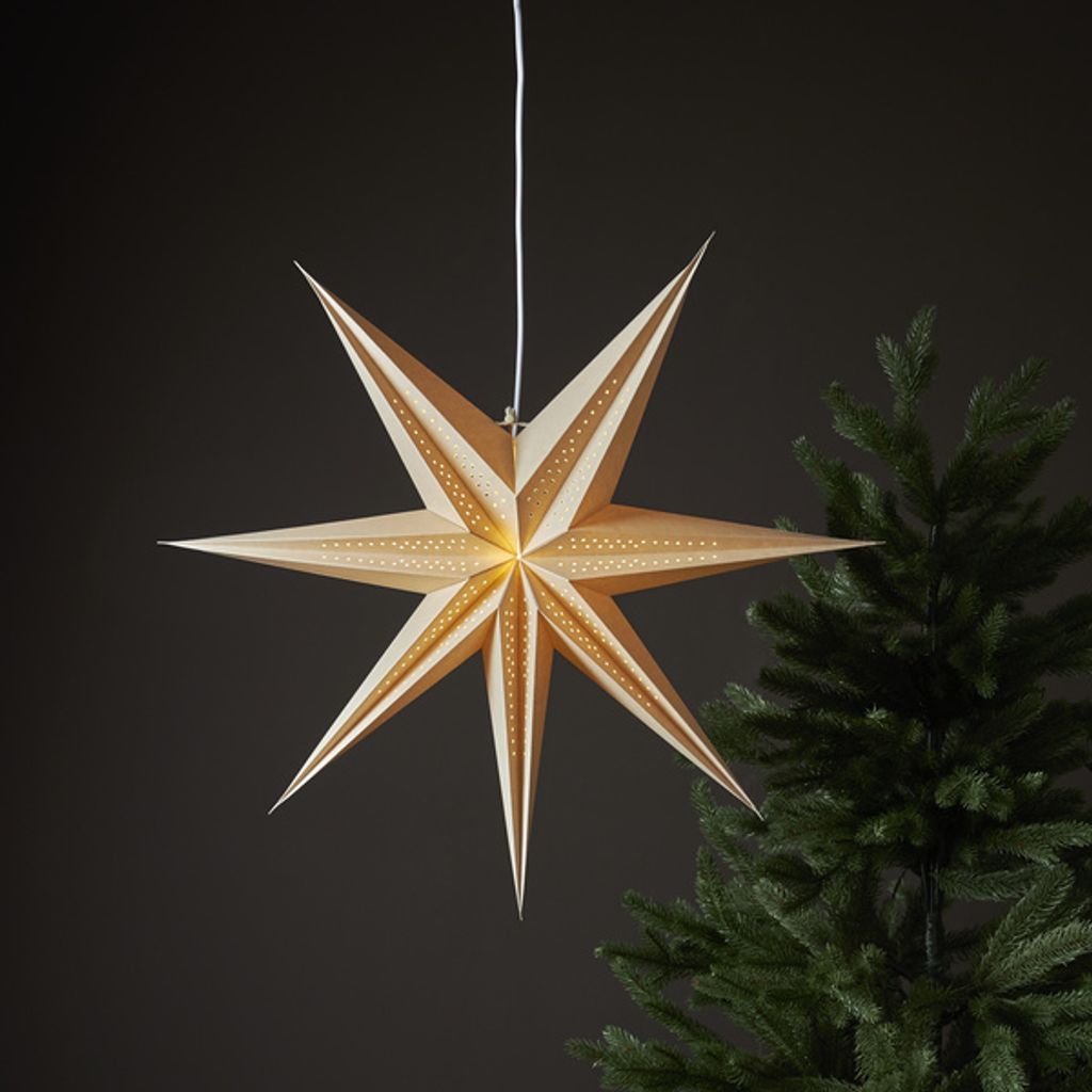 A paper star lantern hangs in front of a dark background and a Christmas tree.