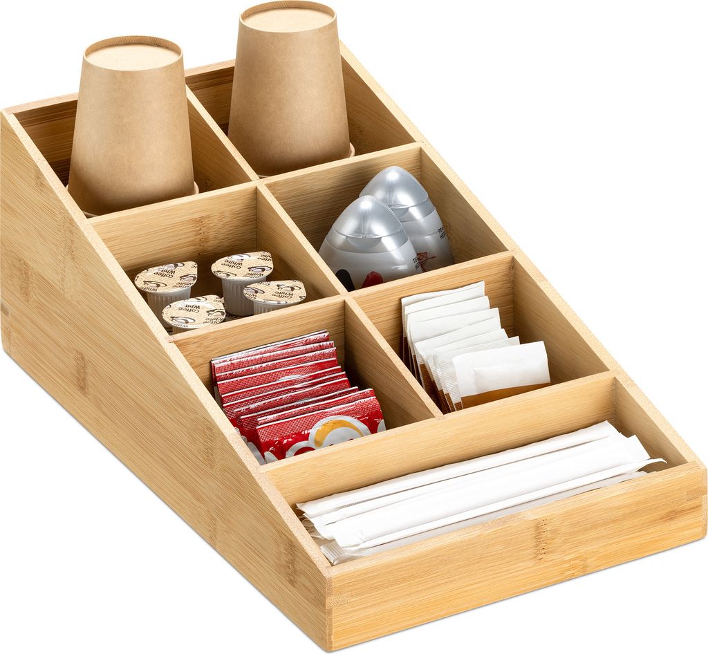 Navaris Kaffee Spender Organizer - Aufbewahrung von Kaffeezubehör - Kaffeebar für Zucker Milch Servietten Kapseln - Bambus Kaffeestation 7 Fächer