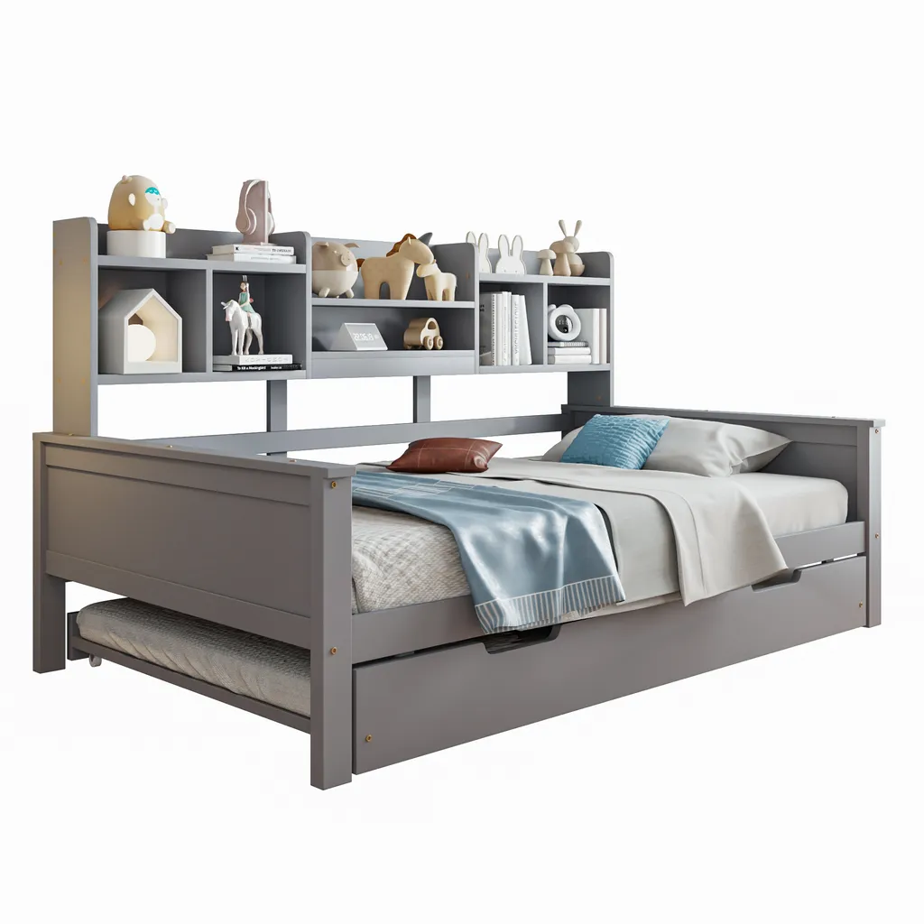 Canapé-lit Enfant 90x200 cm en Bois Gris avec Compartiments de Rangement