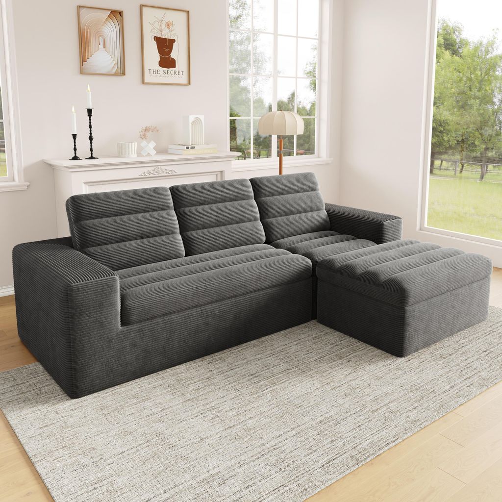 MODFU L-förmiges Ecksofa,Sitzgruppe mit Dreisitzer und Ottomane,Modulares Sofa mit Rahmenloser Aufbau,Cord,Dunkelgrau