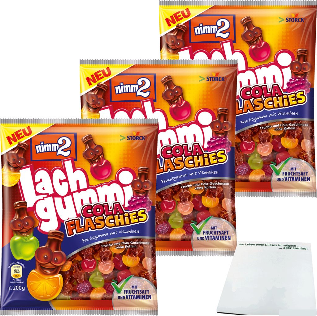 nimm2 Lachgummi Cola Flaschies 3er Pack (3x200g Beutel) + usy Block