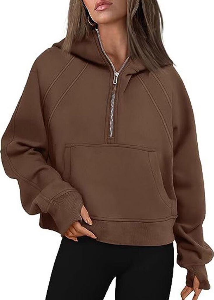 ASKSA Damen Kapuzenpullover Kurze Halbem Reissverschluss Sweatshirt Fleece Hoodie, Braun, S