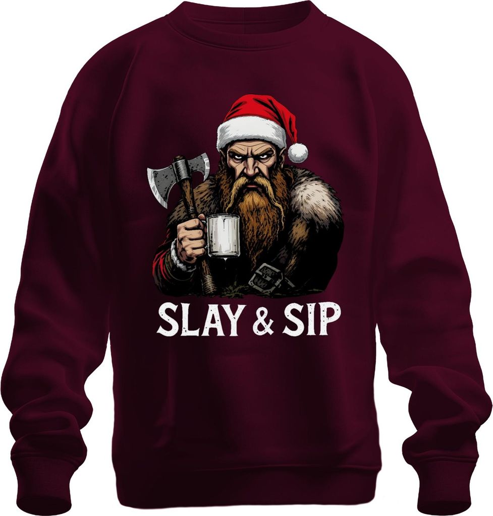 SLAY & SIP Wikinger Bart Axt Becher Geschenk lustig düster Retro Uni Sweatshirt Pullover, Burgundy, XXL