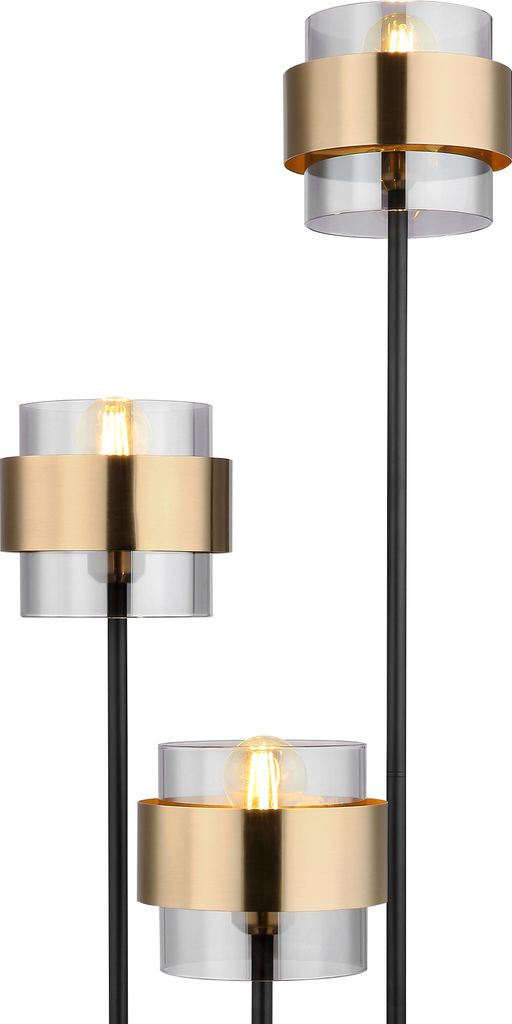 A studio shot of a multi-headed floor lamp with a black stem and gold and clear glass accents.