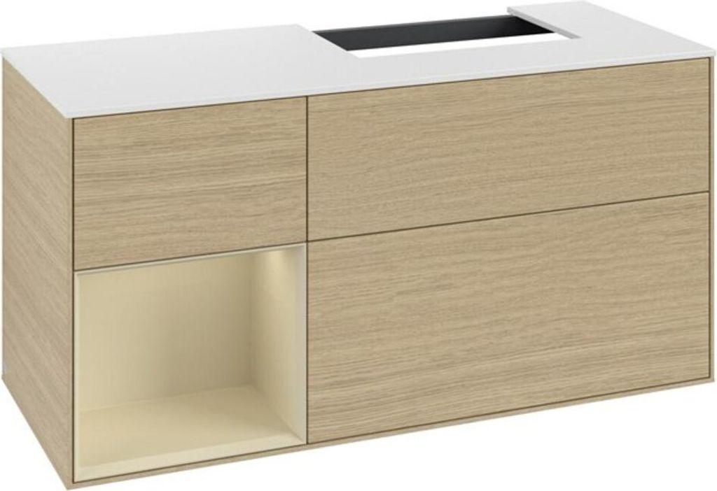 V&B Waschtischunterschrank Abdeckplatte Gl. wh. m Finion 120cm, Reg li si Gr m Lac, Oak Veneer