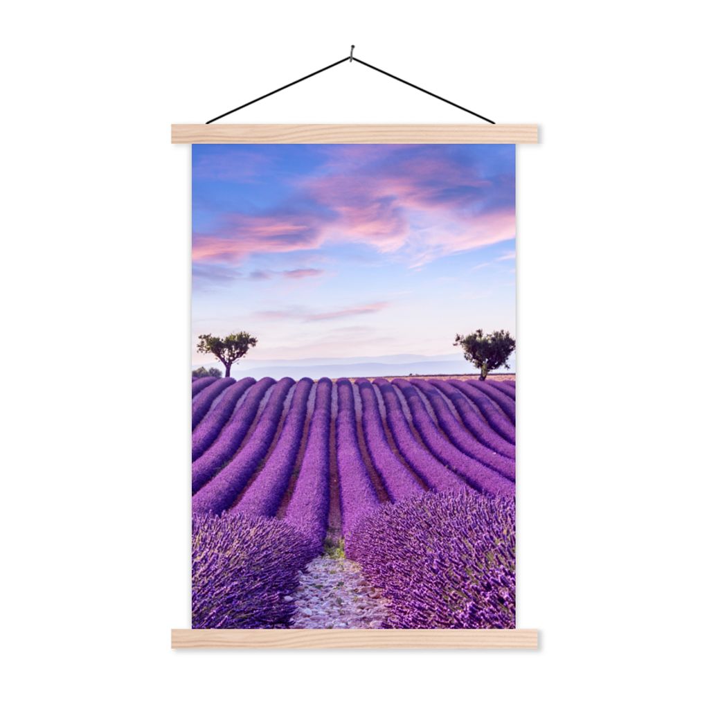 MuchoWow Textilposter Lavendel - Natur - Lila - Bäume - Blumen 120x180 cm mit holzfarbenen Rahmen - Textil-Plakat