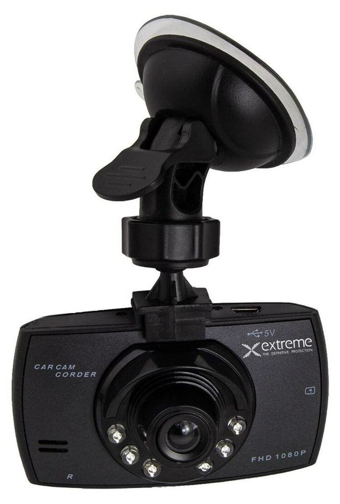A black car camcorder with a suction cup mount.