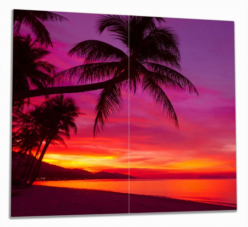 Wallario Herdabdeckplatte aus Glas, Größe 60 x 52 cm 2-teilig, Motiv Abendrot unter Palmen - pinker Himmel am Strand