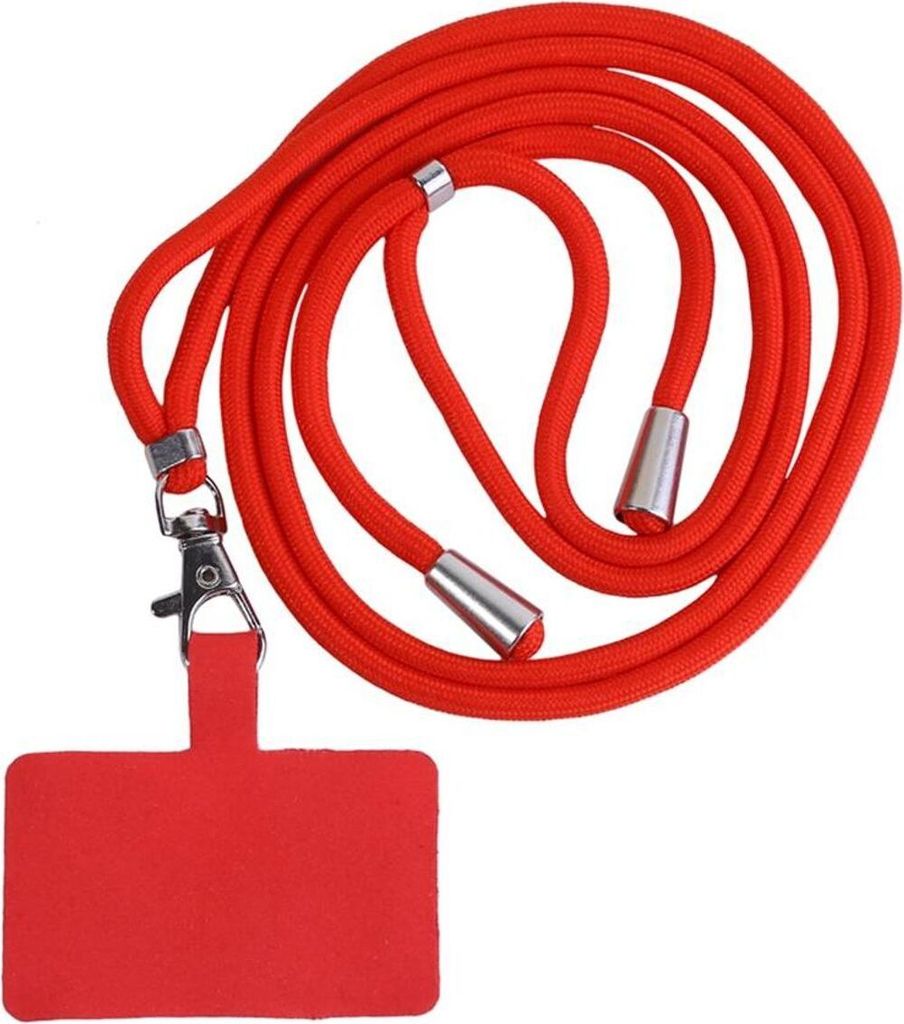 A red lanyard with a phone holder attachment.