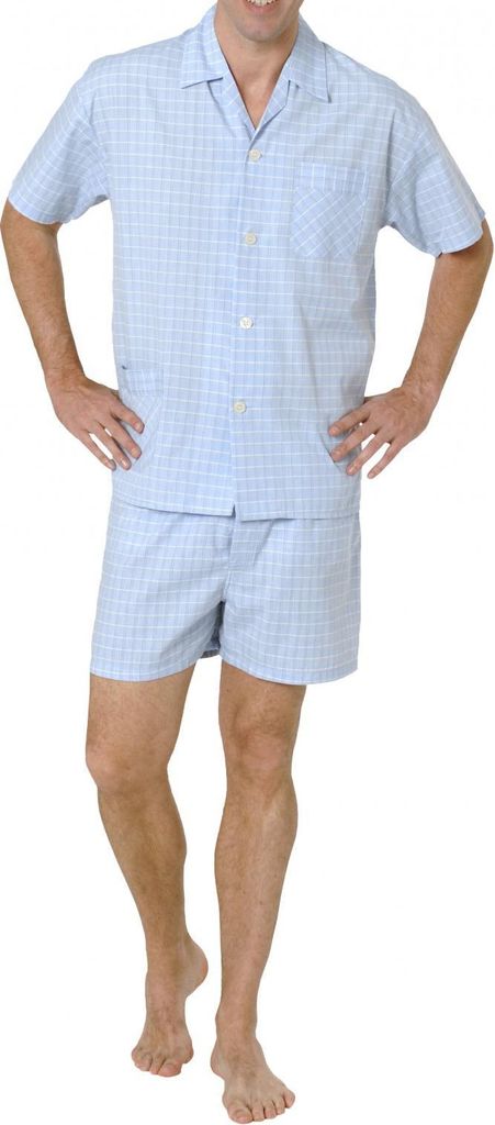 Edler Herren Pyjama Shorty kurzarm kariert - gewebt – 48835 ; blau , 58